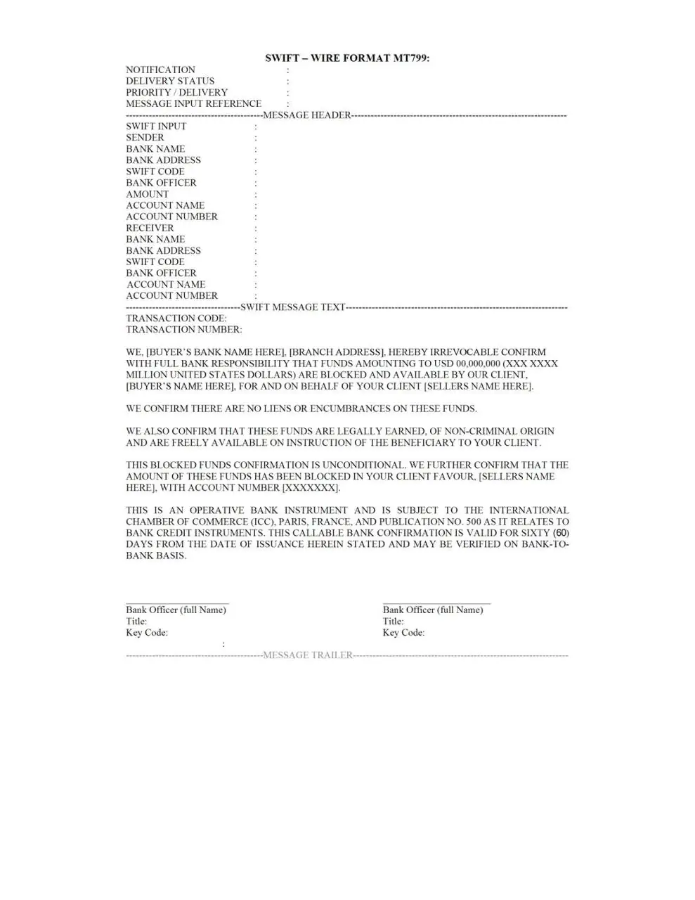 Example of a SWIFT message format for a Standby Letter of Credit (SBLC), detailing the issuance and security aspects of the instrument.  This SBLC SWIFT was issue for a Customer of Grand City Investment Limited, one of the leading SBLC providers.