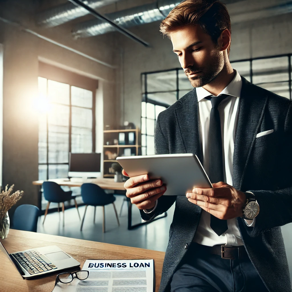 An entrepreneur reviews business loan options on a tablet, symbolizing financial planning for SME growth.